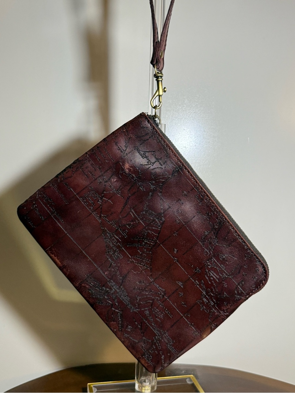 Patricia Nash Cassini Signature Map Leather Wristlet Clutch Burgundy Brown
